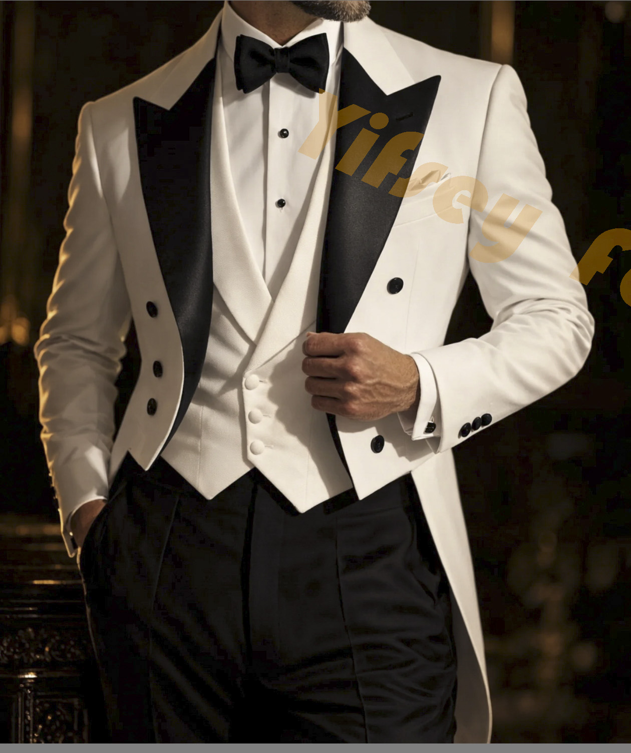 Slim Fit Blazer Men - Мужской костюм-тройка: белый фрак, черные брюки,