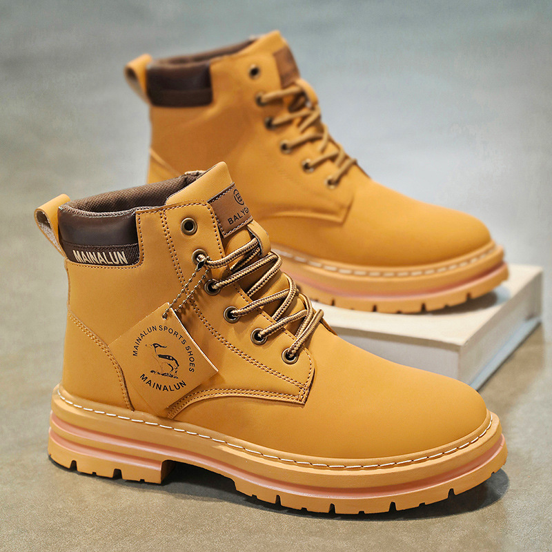Mens Fashion Trainers - Классические мужские высокие ботинки, желтые кожаные