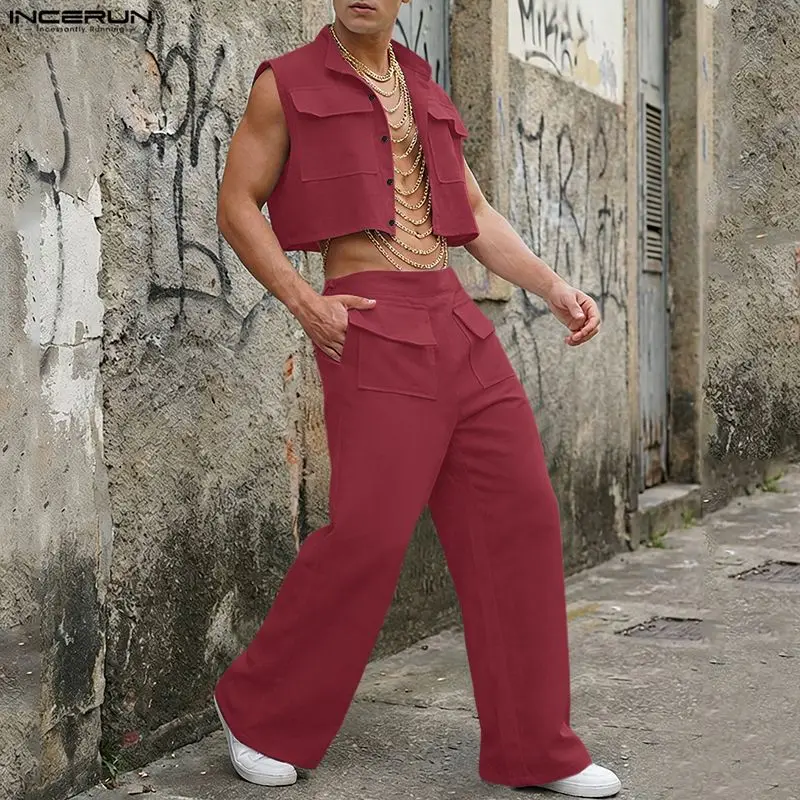 Mens Fashion Streetwear - Мужской комплект INCERUN: однотонные укороченные топы