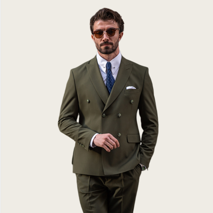 Slim Fit Blazer Men - Мужской костюм оливкового цвета, двубортный, с