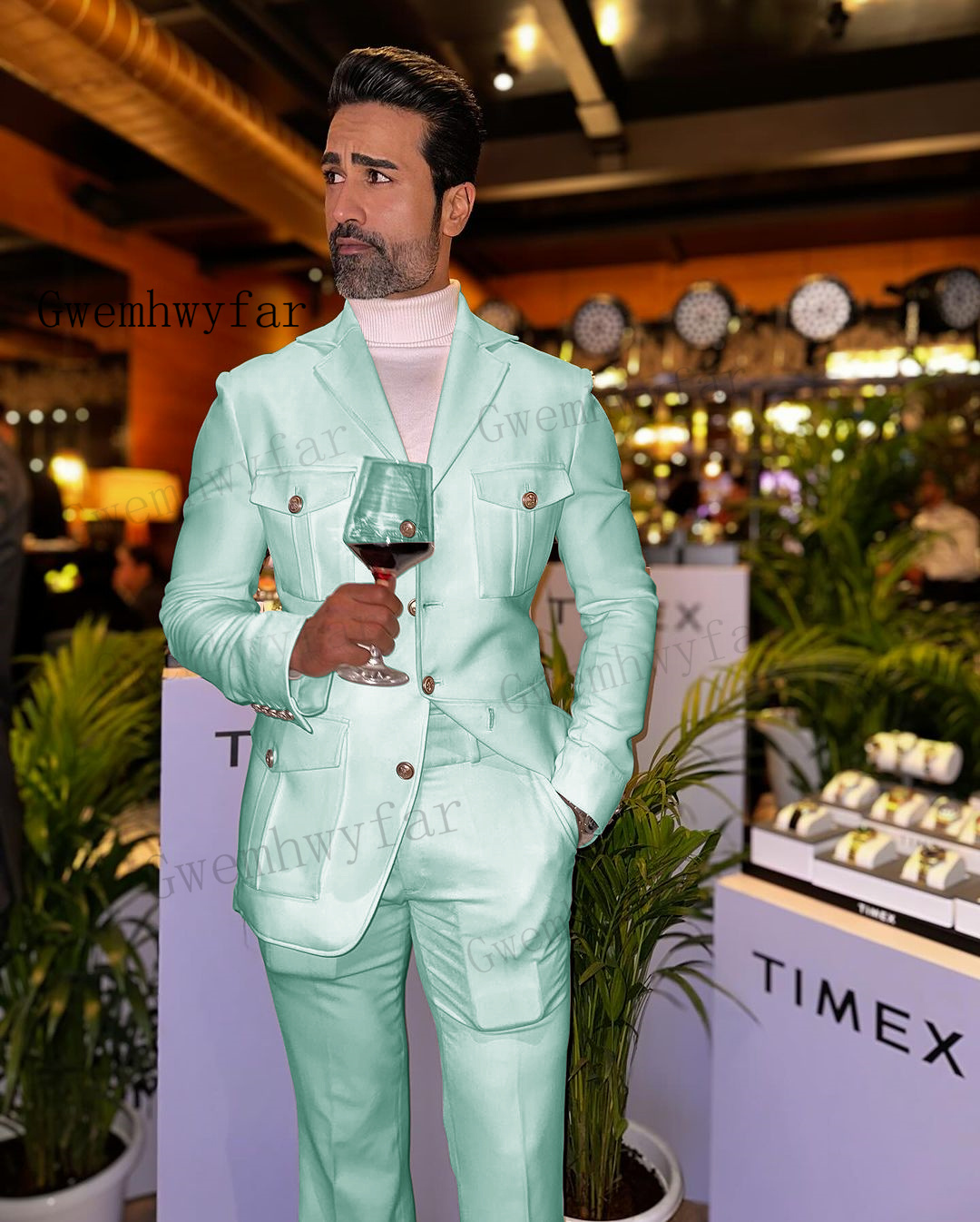Slim Fit Blazer Men - Мужские костюмы Gwenhwyfar мятно-зеленого цвета, облегающие