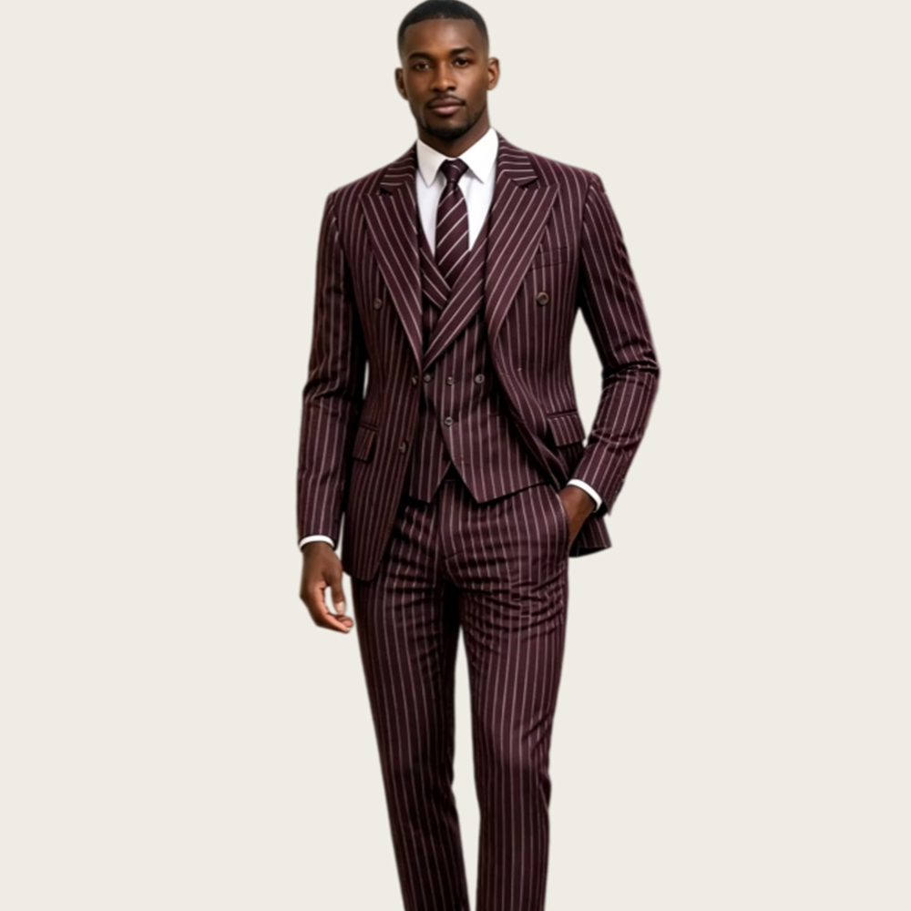 Slim Fit Blazer Men - Мужской костюм-тройка бордового цвета в тонкую